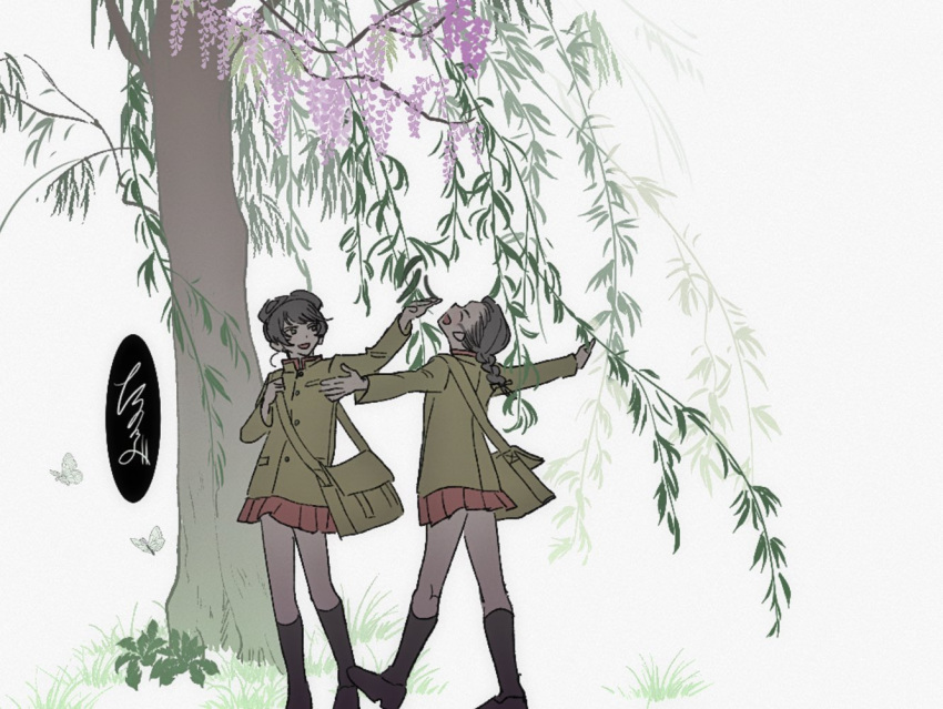 2girls, arm_up, arms_up, black_shoes, black_socks, brown_hair, chi-hatan_school_uniform, closed_eyes