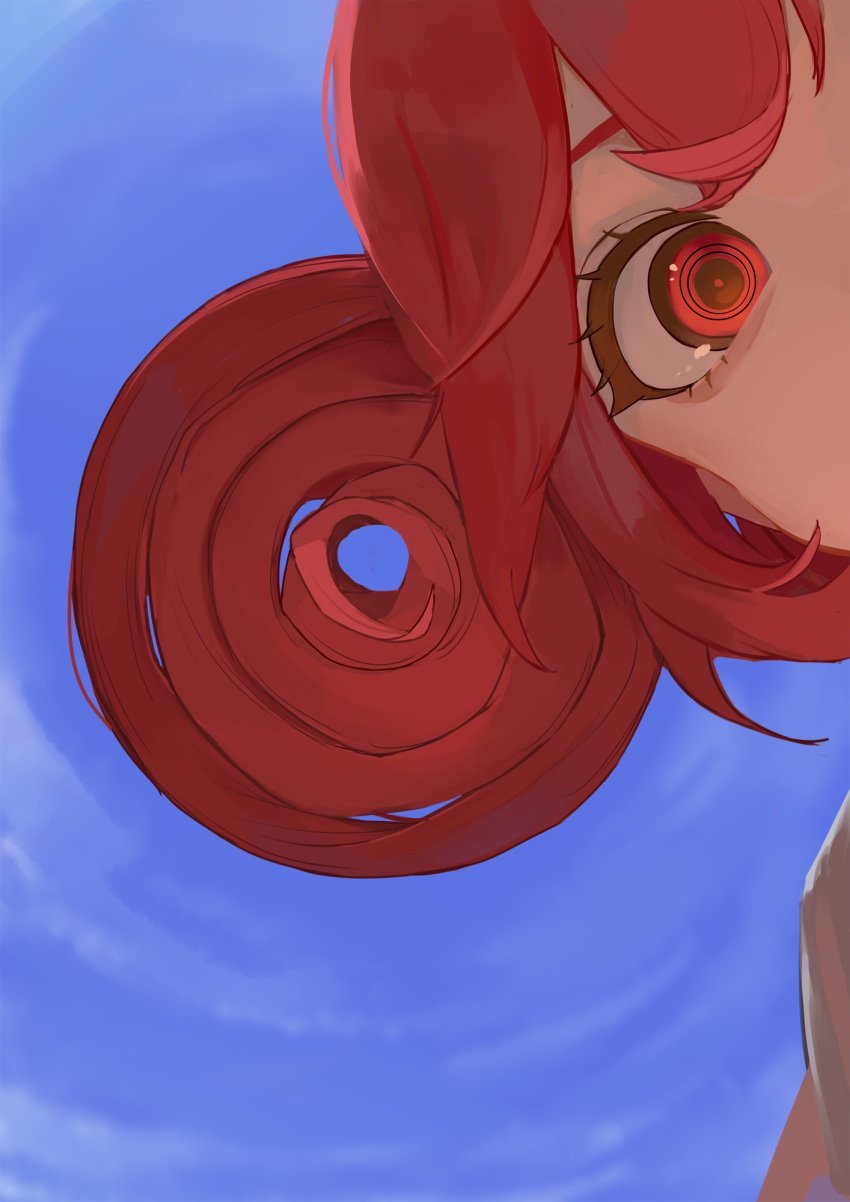 1girl, blue_sky, commentary, drill_hair, from_below, grey_jacket, highres, jacket, kasane_teto, kasane_teto_(sv), looking_at_viewer, outdoors, pocche-ex, red_eyes, red_hair, ringed_eyes, short_hair, sky, solo, spiral, synthesizer_v, twin_drills, upper_body