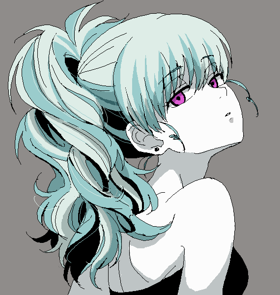 bare_shoulders, blue_hair, curly_hair, darker_than_black, earrings, grey_background, jewelry, long_hair, looking_back, monochrome, ponytail, purple_eyes, solo, togetsuhou, violet_eyes, yin