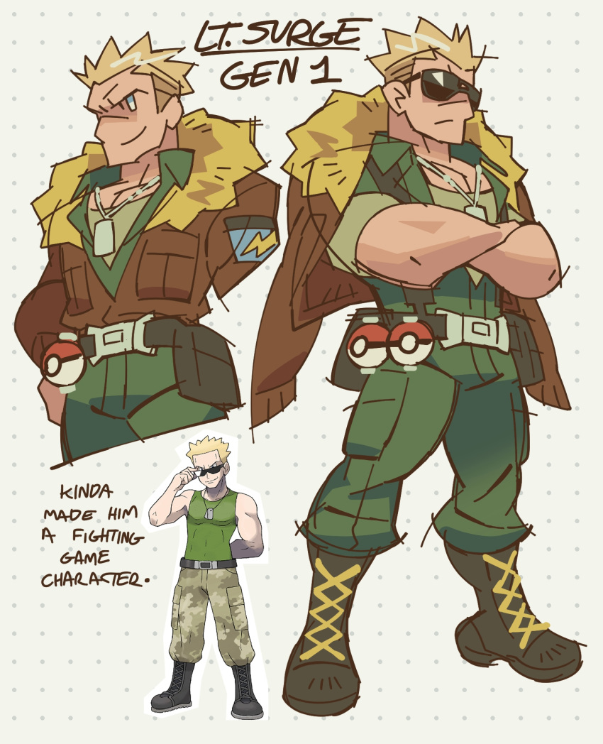 1boy, aviator_sunglasses, blonde_hair, blue_eyes, bomber_jacket, boots, combat_boots, commentary