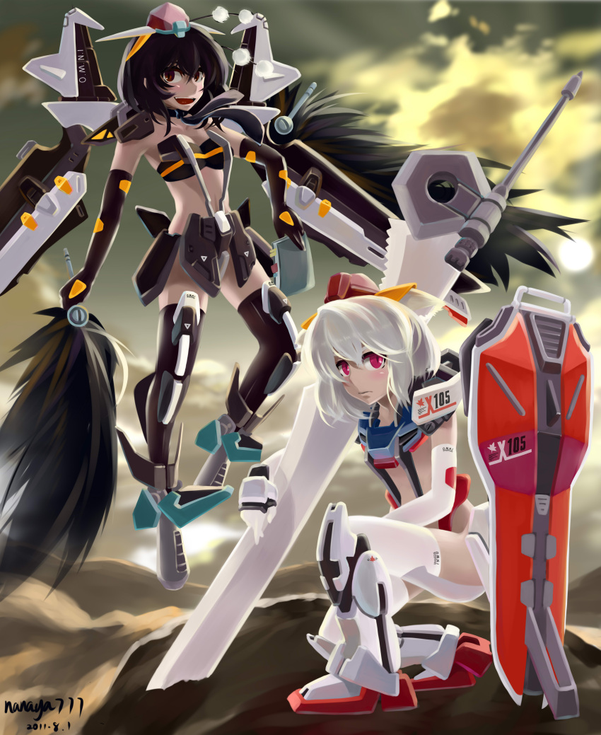 absurdres, alternate_weapon, artist_request, black_hair, gundam, gundam_seed, gundam_seed_c.e._73:_stargazer, highres, inubashiri_momiji, mecha_musume, mechanical_wings, mechanization, multiple_girls, nanaya777, red_eyes, shameimaru_aya, shield, short_hair, strike_gundam, strike_noir, sword, thighhighs, touhou, weapon, white_hair, wings