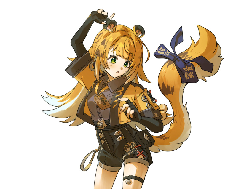 1girl, animal_ear_fluff, animal_ears, arm_up, black_shorts, blush, bow, colored_inner_hair