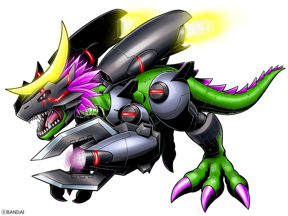 commentary_request, crescent, cyborg, digimon, digimon_(creature), full_body, helmet, lizard, mechanical_arms, monarchlizamon, no_humans, official_art, purple_hair, simple_background, single_mechanical_arm, vernier_thrusters, white_background