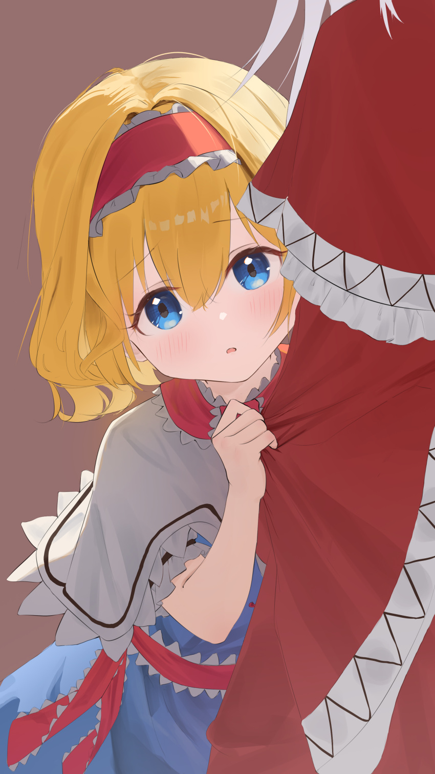 2girls, absurdres, aged_down, alice_margatroid, blonde_hair, blue_dress, blue_eyes, blush, brown_background, capelet, commentary_request, dress, dress_tug, frilled_hairband, frills, hair_between_eyes, hairband, head_tilt, highres, looking_at_viewer, multiple_girls, parted_lips, rareguy_2m, red_dress, red_hairband, shinki_(touhou), short_hair, simple_background, touhou, touhou_(pc-98), white_capelet