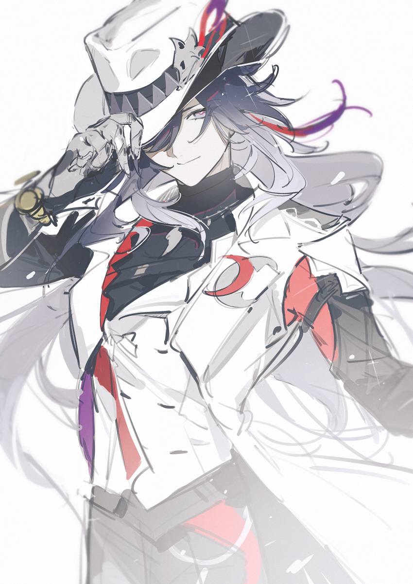 1boy, absurdres, ashveil_(honkai:_star_rail), blurry, bracelet, chinese_commentary, closed_mouth, coat, commentary_request, cowboy_hat, crescent, depth_of_field, gradient_hair, hair_between_eyes, hat, highres, honkai:_star_rail, honkai_(series), jewelry, letty2507, light_smile, long_hair, long_sleeves, looking_at_viewer, mechanical_arms, multicolored_hair, necklace, pants, single_mechanical_arm, solo, upper_body, violet_eyes, wavy_hair, white_background