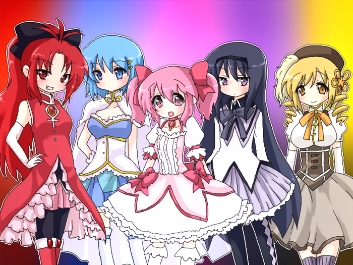 5girls, akemi_homura, black_hair, blonde_hair, blue_eyes, blue_hair, boots, cape