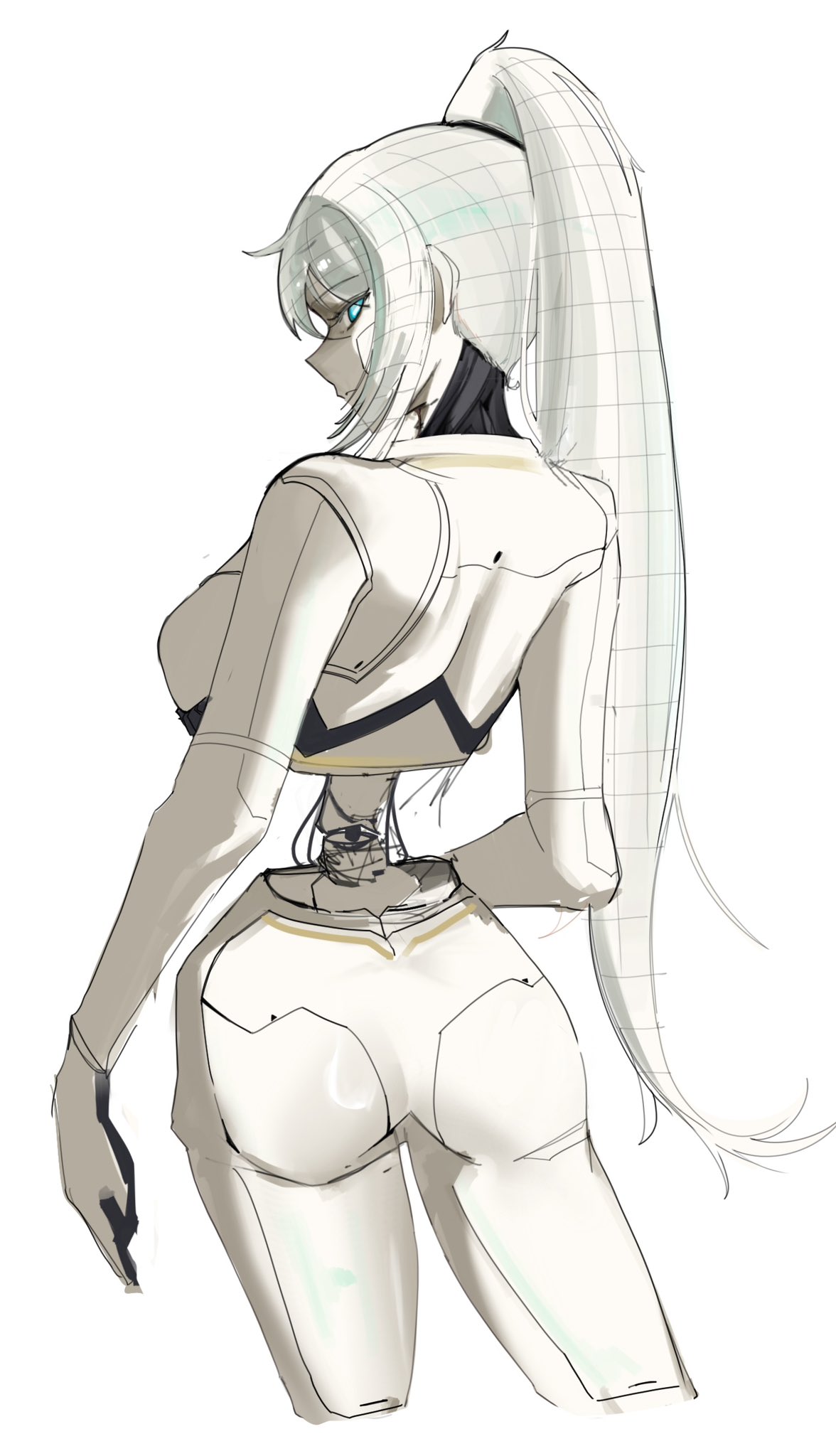 1girl, blue_eyes, breasts, commentary, cyborg, faust_(project_moon), from_behind, high_ponytail