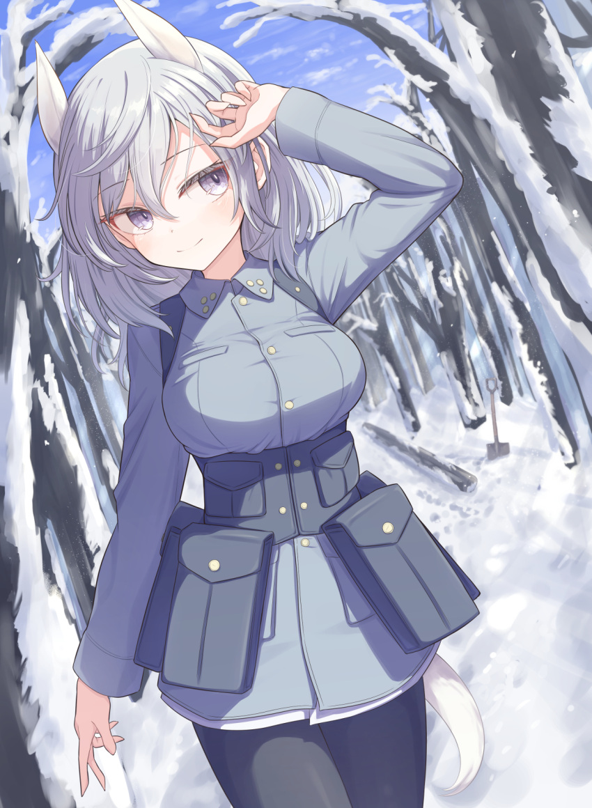 1girl, animal_ears, aurora_e._juutilainen, black_pantyhose, blue_jacket, breasts, commentary_request, feet_out_of_frame