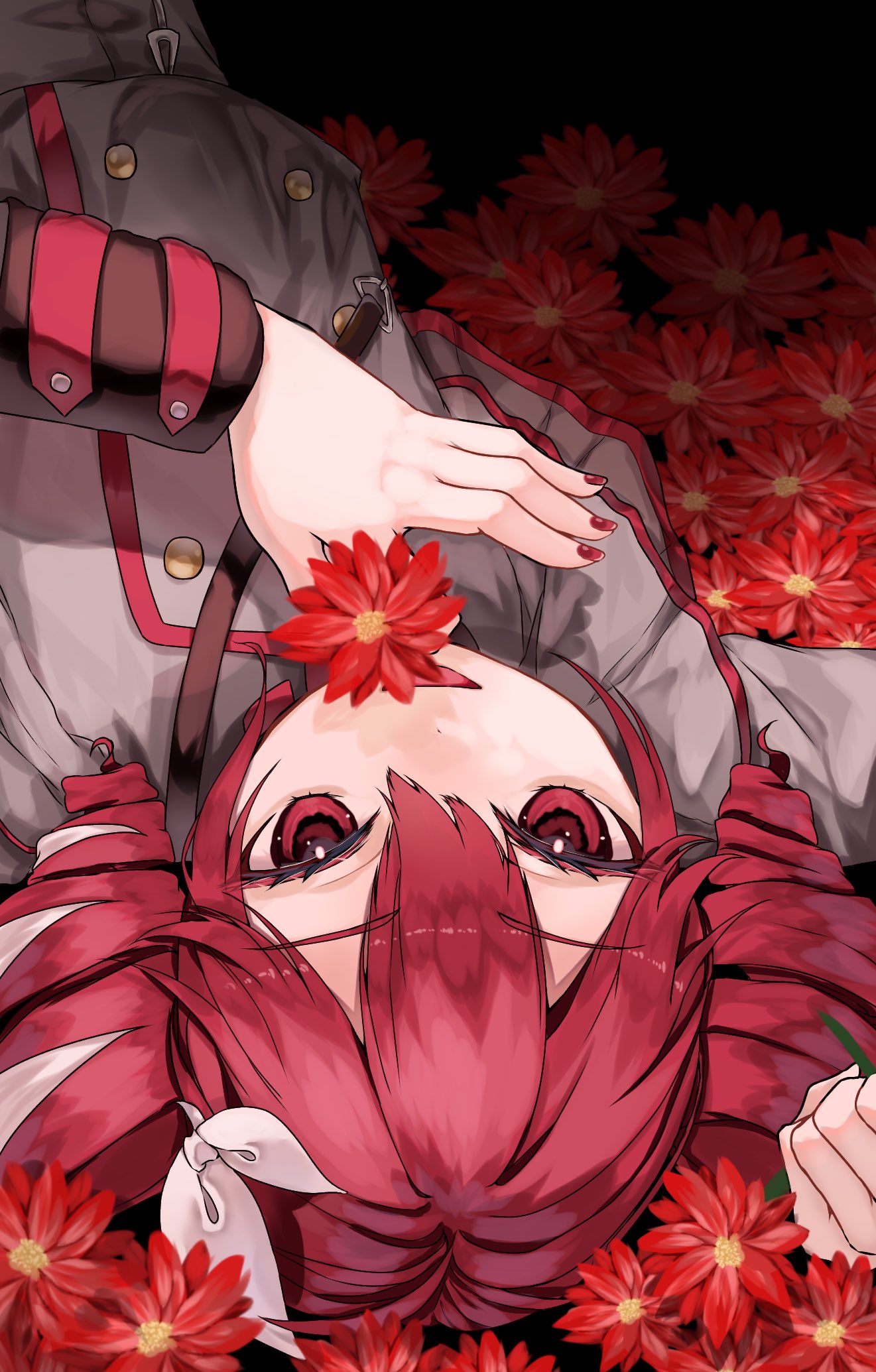 1girl, ahoge, buttons, commentary, drill_hair, field, floral_background, flower