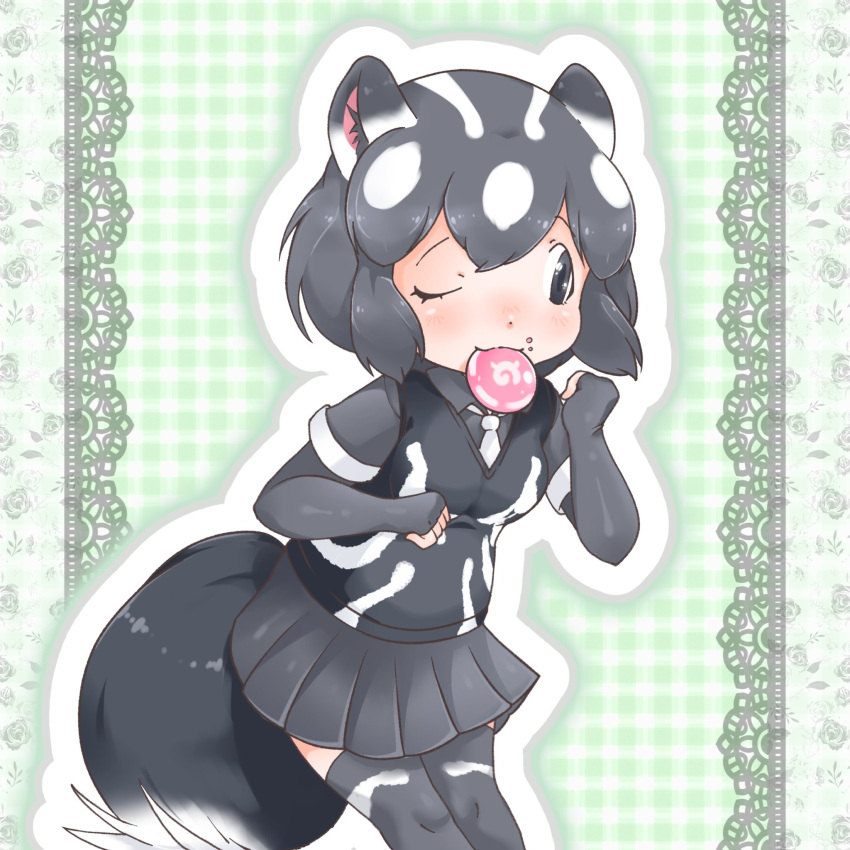 1girl, black_eyes, black_hair, black_skirt, black_sweater, black_thighhighs, commentary, eating
