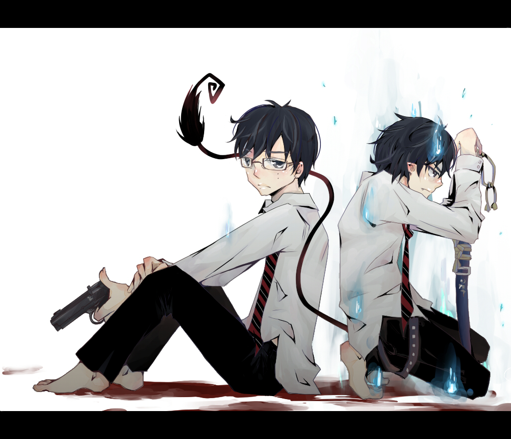 2boys, ao_no_exorcist, barefoot, black_hair, blue_eyes, brothers, glasses, gun, mole, multiple_boys, necktie, okumura_rin, okumura_yukio, pointy_ears, siblings, striped, striped_necktie, sword, tail, tbk4, weapon