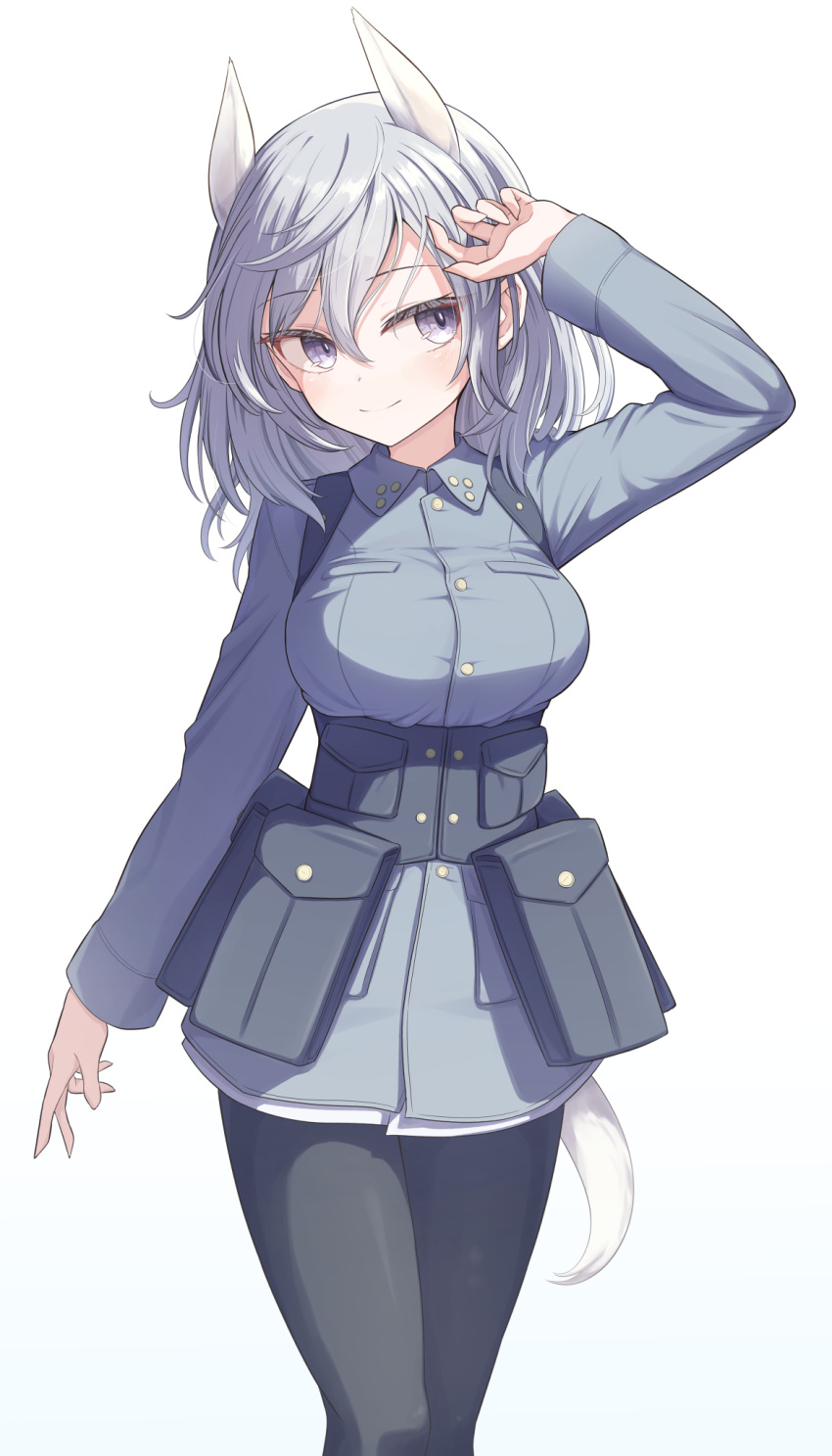 1girl, 502nd_joint_fighter_wing, animal_ears, aurora_e._juutilainen, black_pantyhose, blue_jacket, breasts, commentary_request