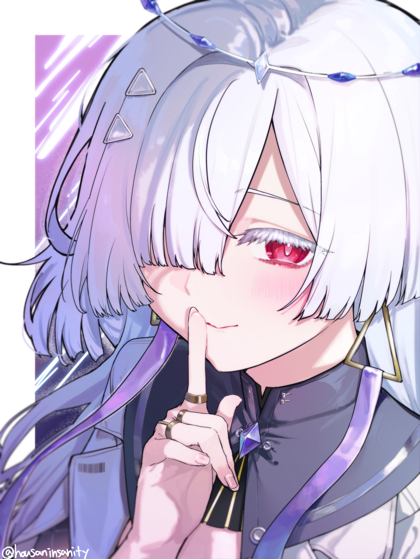 1girl, absurdres, border, closed_mouth, colored_eyelashes, commentary, finger_to_mouth, fingernails