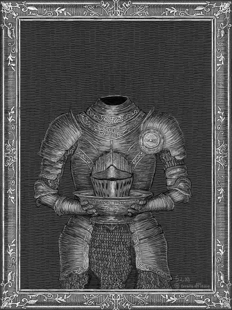 armet, armor, bowl, breastplate, commentary, coveredflame, dark_souls_(series), dark_souls_iii, faulds, gauntlets, gorget, holding, holding_bowl, lothric_knight, pauldrons, plate_armor, shoulder_armor