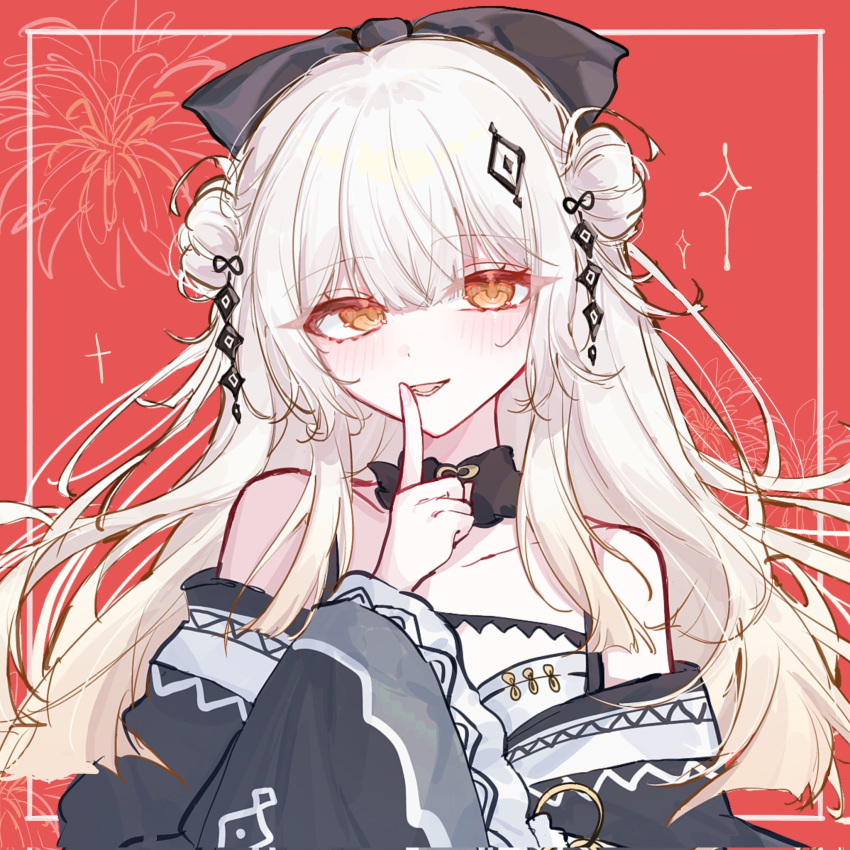 1girl, black_bow, black_bowtie, blush, bow, bowtie, commentary, double_bun