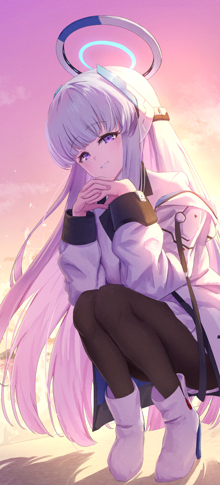 1girl, absurdres, black_pantyhose, blue_archive, blue_necktie, boots, collared_shirt, commentary_request