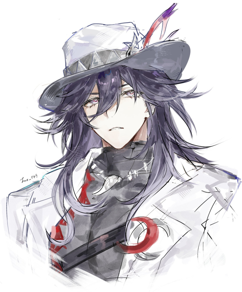 1boy, artist_name, ashveil_(honkai:_star_rail), black_hair, black_shirt, commentary_request, crescent, crescent_pin, fedora, gradient_hair, hat, hat_ornament, highres, honkai:_star_rail, honkai_(series), jacket, jewelry, lapel_pin, long_hair, lux_049, male_focus, multicolored_hair, necklace, parted_lips, shirt, simple_background, solo, tooth_necklace, turtleneck, violet_eyes, white_background, white_hair, white_hat, white_jacket