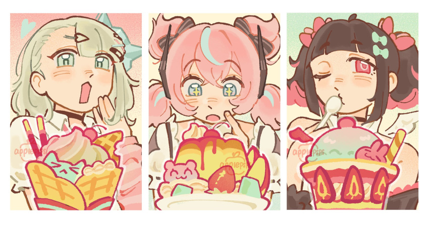 3girls, angels_of_delusion, applepsps, aria_(zenless_zone_zero), arm_warmers, black_hair, bow, dress, eating, food, green_bow, green_eyes, green_hair, hair_ornament, halo, highres, ice_cream, ice_cream_cone, multicolored_hair, multiple_girls, nangong_yu, necktie, open_mouth, pink_hair, red_eyes, shirt, smile, sunna_(zenless_zone_zero), white_dress, white_shirt, wings, zenless_zone_zero