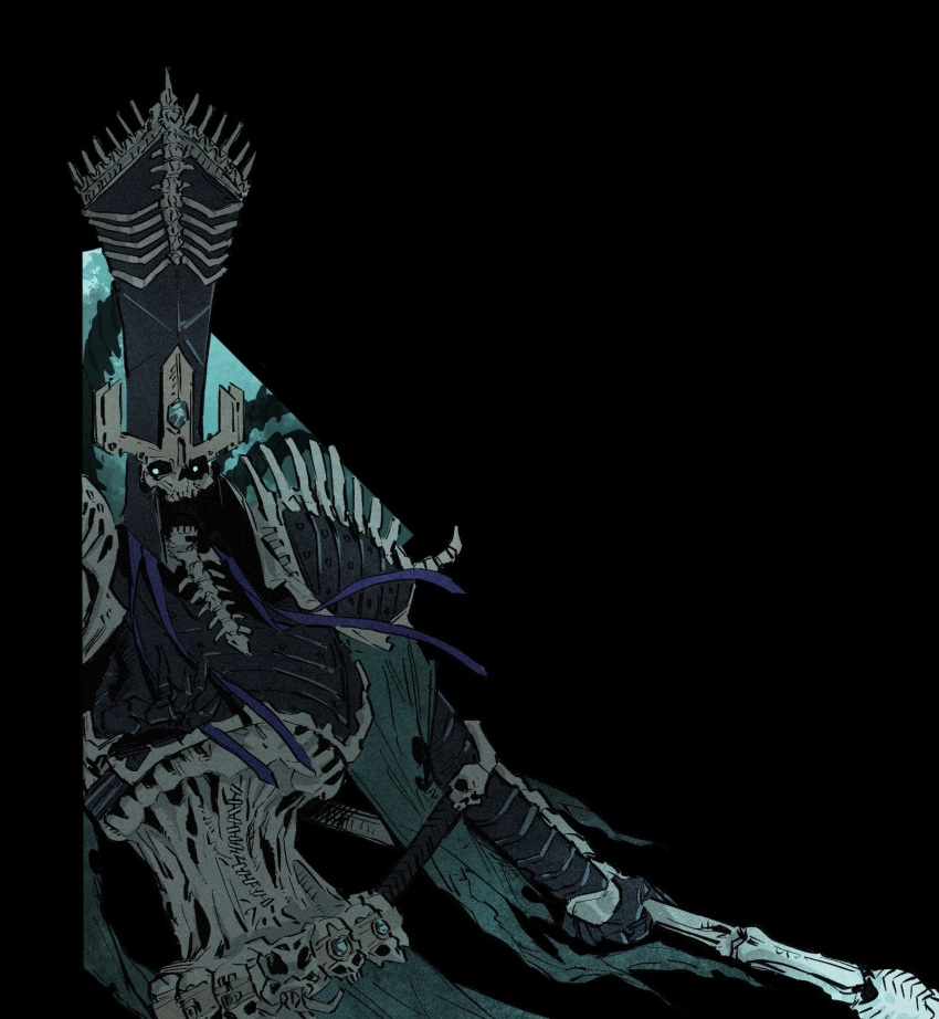 1boy, armor, black_armor, black_background, black_helmet, bone, bone_armor, cape