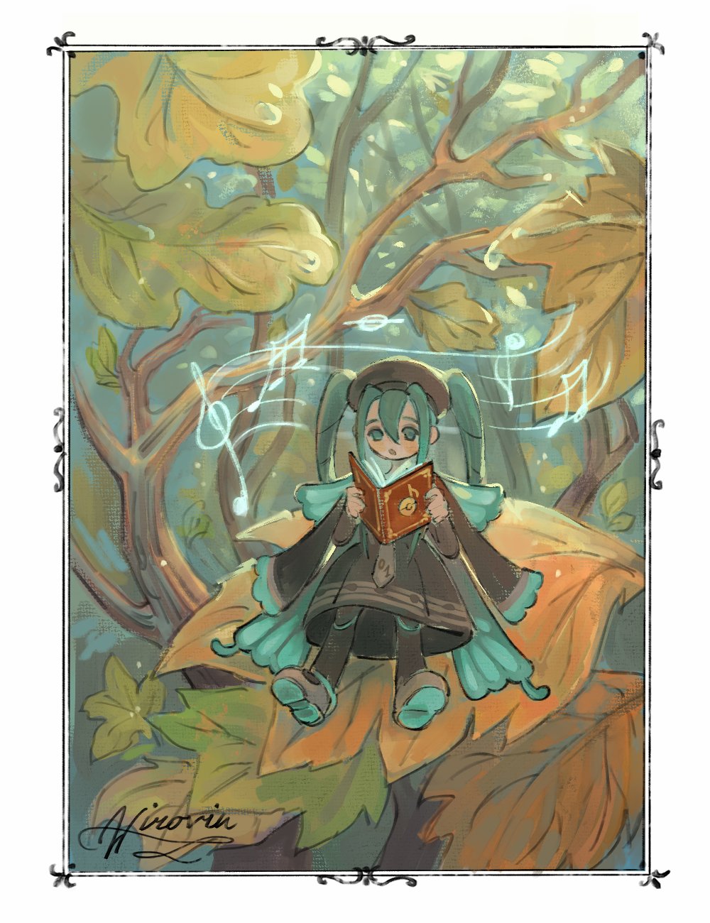 1girl, blue_hair, border, brown_dress, brown_hat, bug_miku_(project_voltage), commentary, dress, english_commentary, full_body, hair_between_eyes, hair_through_headwear, hat, hatsune_miku, highres, leaf, long_hair, long_sleeves, mini_person, minigirl, music, musical_note, on_leaf, outdoors, plant, pokemon, project_voltage, sheet_music, signature, singing, sitting, solo, twintails, very_long_hair, vocaloid, wirovin