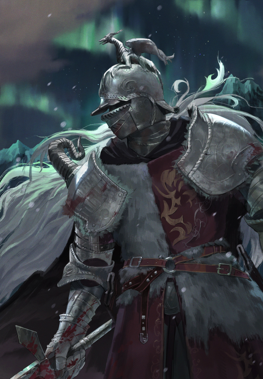 1boy, absurdres, armor, aurora, banished_knight, bevor, burgonet, cape, chinese_commentary, commentary_request, elden_ring, fur_cape, gauntlets, gorget, hat_ornament, helm, helmet, highres, holding, holding_sword, holding_weapon, night, pauldrons, peach21, shoulder_armor, sky, solo, surcoat, sword, weapon