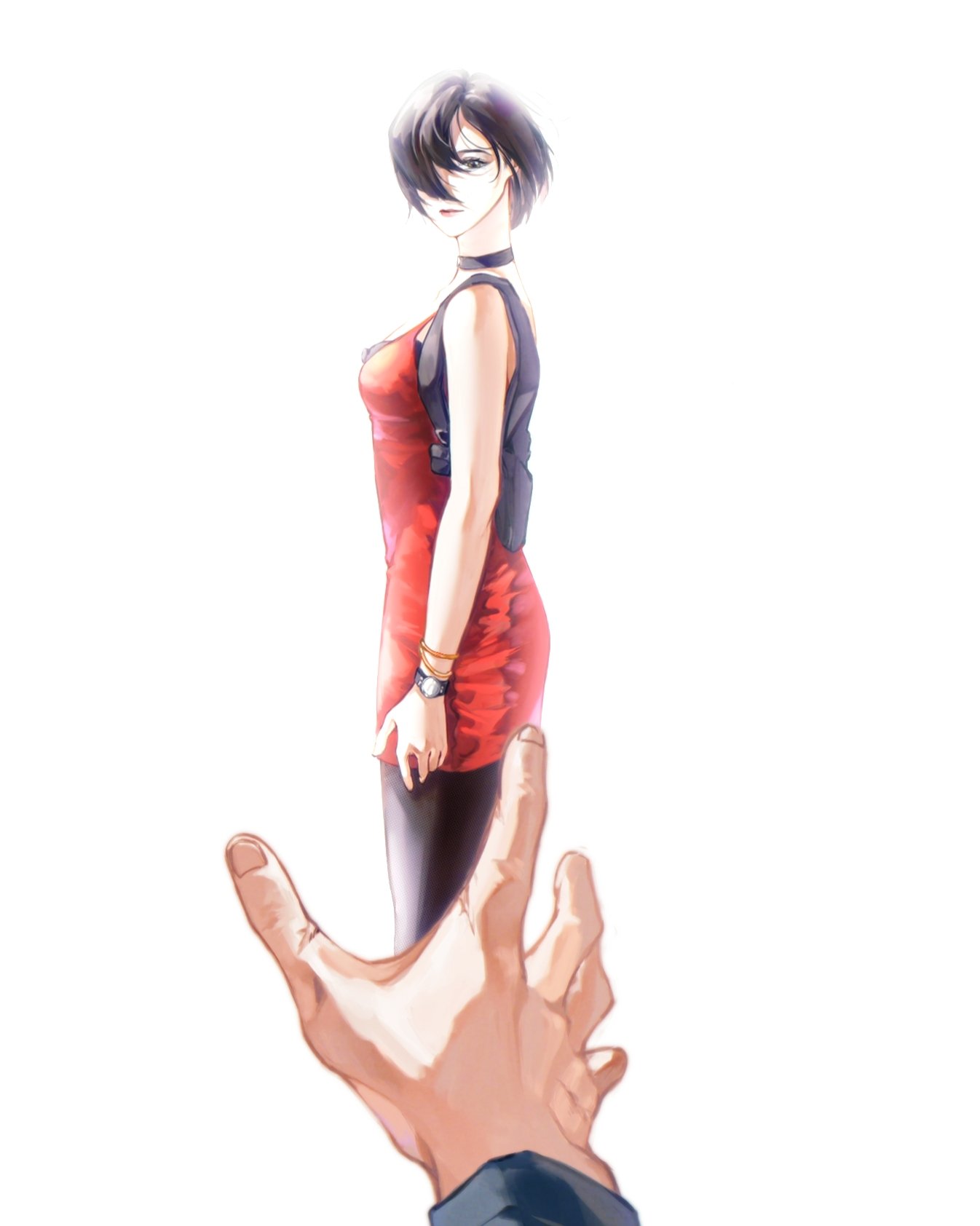 1boy, 1girl, ada_wong, bare_shoulders, black_choker, black_hair, black_pantyhose, blue_shirt
