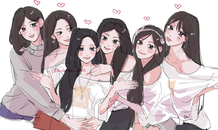 6+girls, an_yujin, animification, black_pants, blush, collarbone, commentary, everyone