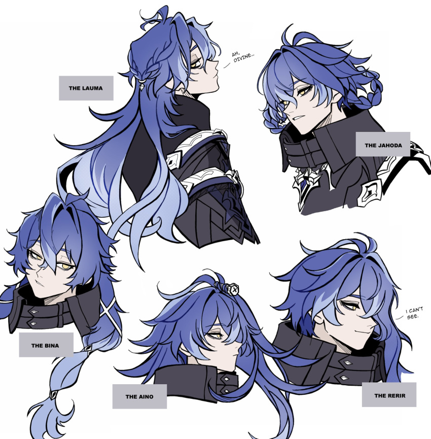 1boy, alternate_hairstyle, black_capelet, blue_hair, braid, braided_hair_rings, capelet, closed_mouth, commentary, cropped_shoulders, crossed_bangs, crown_braid, english_commentary, english_text, flins_(genshin_impact), genshin_impact, hair_rings, highres, long_hair, looking_back, multiple_views, parted_bangs, parted_lips, romevey, side_ponytail, sideways_glance, smile, very_long_hair, white_background, yellow_eyes