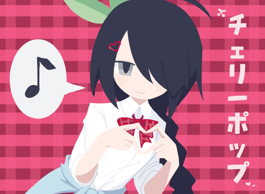 1girl, ahoge, awawah88, black_hair, blue_shirt, bow, braid, cherry_pop_(vocaloid)