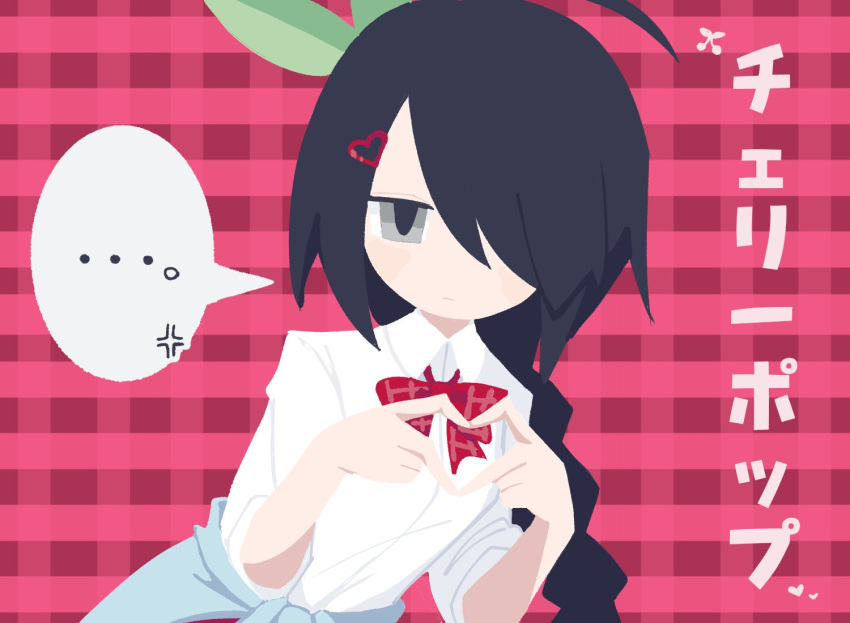 ..., 1girl, ahoge, awawah88, black_hair, blue_shirt, bow, braid