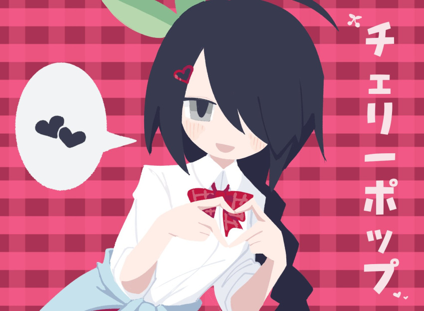 1girl, ahoge, awawah88, black_hair, blue_shirt, bow, braid, cherry_pop_(vocaloid)