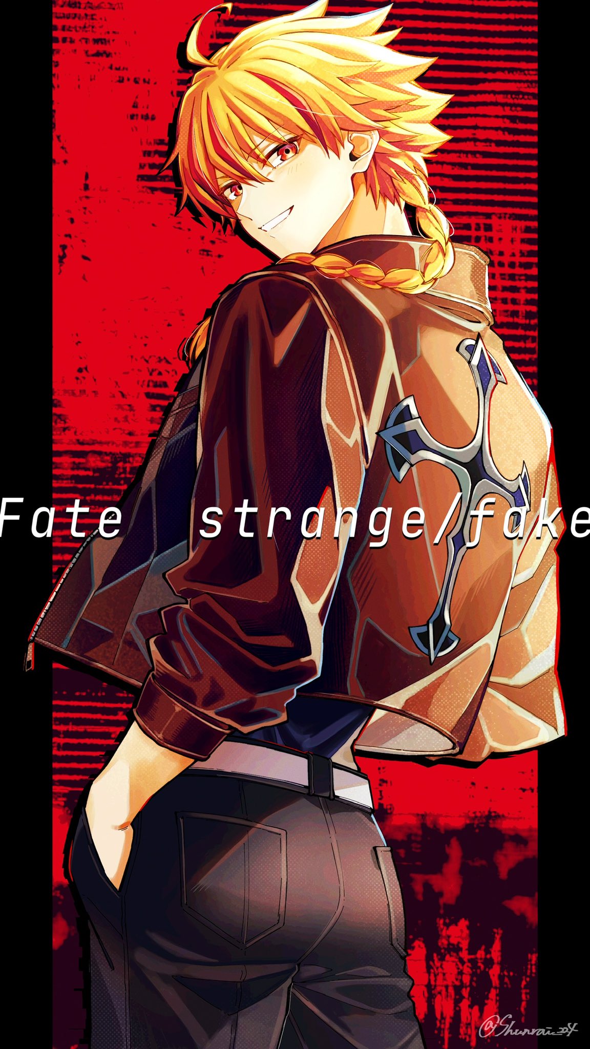 1boy, belt, black_pants, black_shirt, blonde_hair, braid, brown_jacket, commentary_request