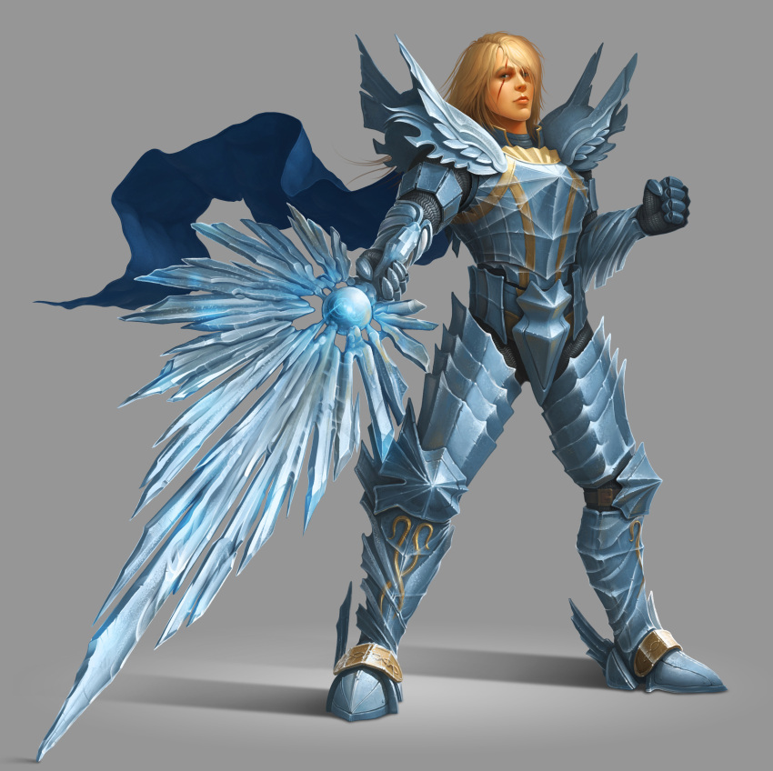 1boy, absurdres, armor, blonde_hair, blue_cape, blue_eyes, bzitz, cape, clenched_hand, commentary, crystal_armor, crystal_sword, english_commentary, full_body, greatsword, grey_background, highres, holding, holding_sword, holding_weapon, long_hair, male_focus, scar, scar_across_eye, scar_on_face, shoulder_armor, siegfried_schtauffen, solo, soul_calibur_(crystal_greatsword), soulcalibur, soulcalibur_iv, standing, sword, weapon