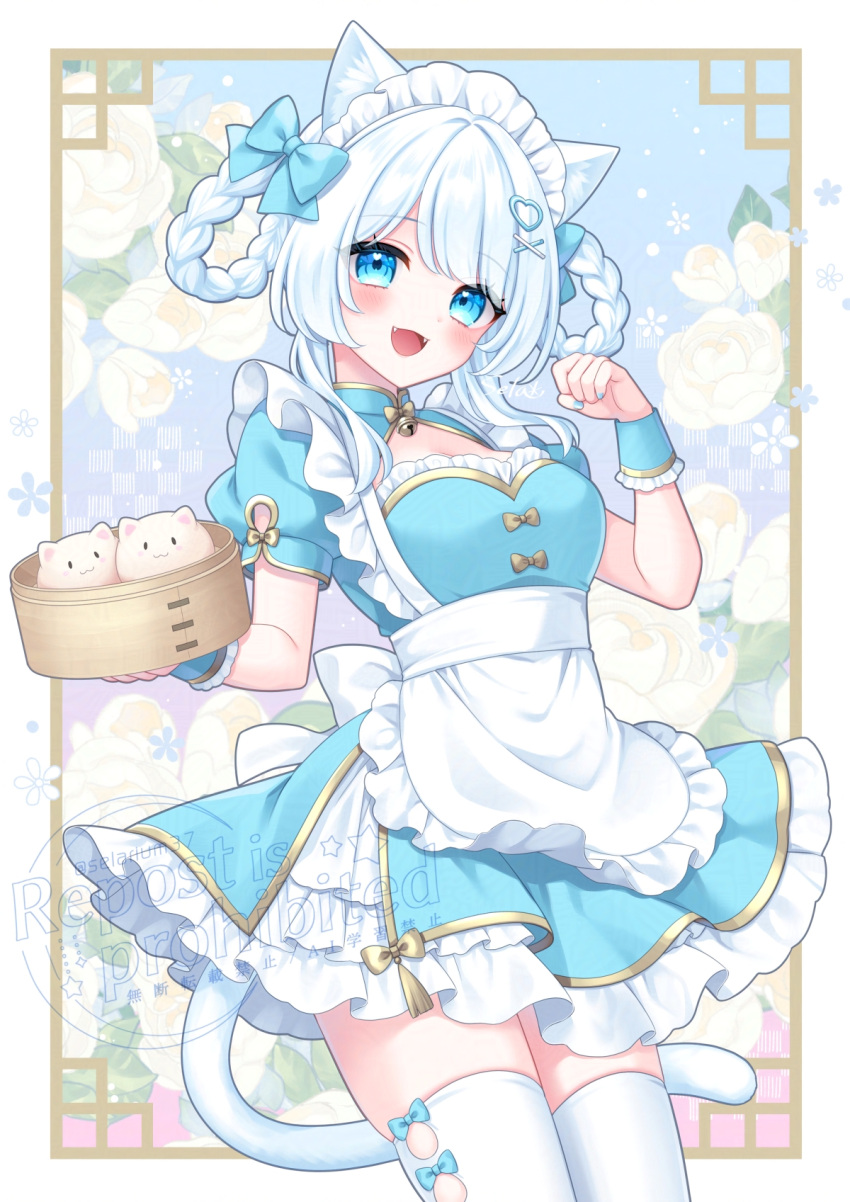 1girl, animal_ear_fluff, animal_ears, apron, bamboo_steamer, bell, blue_bow, blue_dress