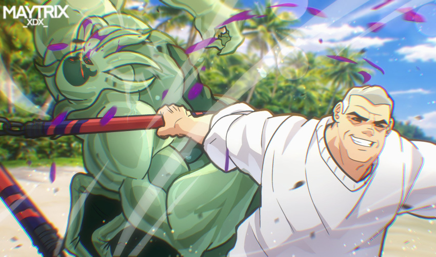 ben_10, black_eyes, dagon_(jujutsu_kaisen), fushiguro_toji, grey_hair, highres, holding, holding_weapon
