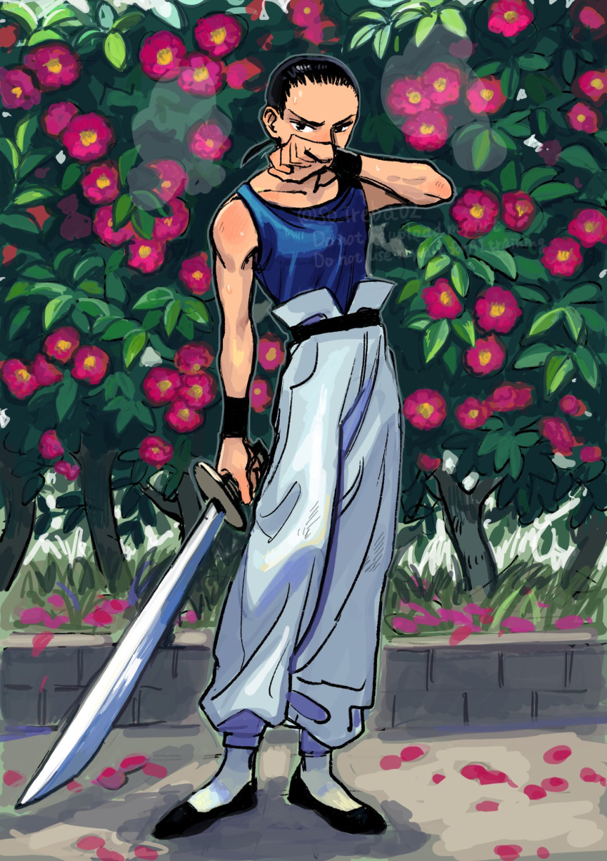 1boy, arm_up, black_eyes, black_hair, blue_tank_top, bush, chang_wufei, commentary_request