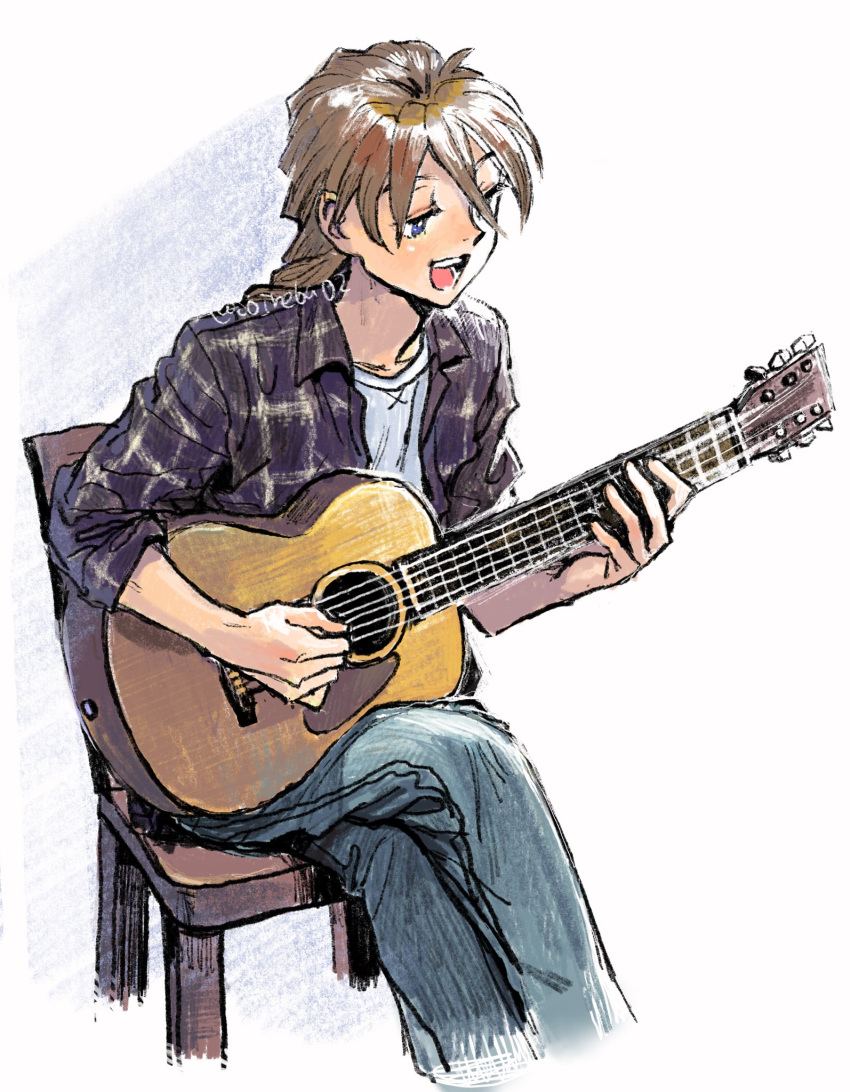 1boy, acoustic_guitar, blue_eyes, blue_pants, braid, brown_hair, chair, commentary_request