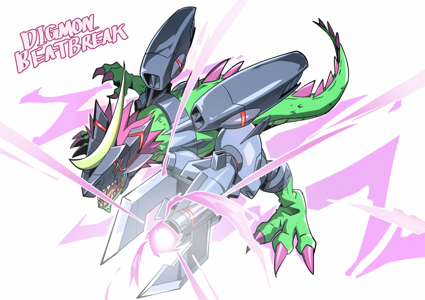 arm_cannon, claw_(weapon), copyright_name, crescent, cyborg, digimon, digimon_(creature), digimon_beatbreak, dk_(13855103534), full_body, helmet, highres, lizard, mechanical_arms, monarchlizamon, powering_up, simple_background, single_mechanical_arm, vernier_thrusters, weapon, white_background