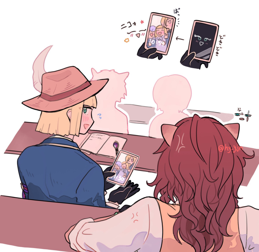 6+boys, animal_ears, annoyed, black_gloves, blonde_hair, book, brown_hair, cellphone, classroom, commentary_request, dark-skinned_male, dark_skin, epel_felmier, excited, gloves, hat_feather, highres, holding, holding_phone, hyyjn, leona_kingscholar, lion_boy, lion_ears, long_hair, long_sleeves, magic_pen_(twisted_wonderland), male_focus, multiple_boys, night_raven_college_school_uniform, night_raven_college_third_years, open_book, phone, rook_hunt, school_uniform, short_hair, smartphone, smile, twisted_wonderland, twitter_username, vil_schoenheit