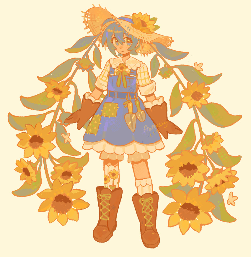 aqua_hair, asymmetrical_legwear, bloomers, commentary, english_commentary, flower, froflossy, gardener