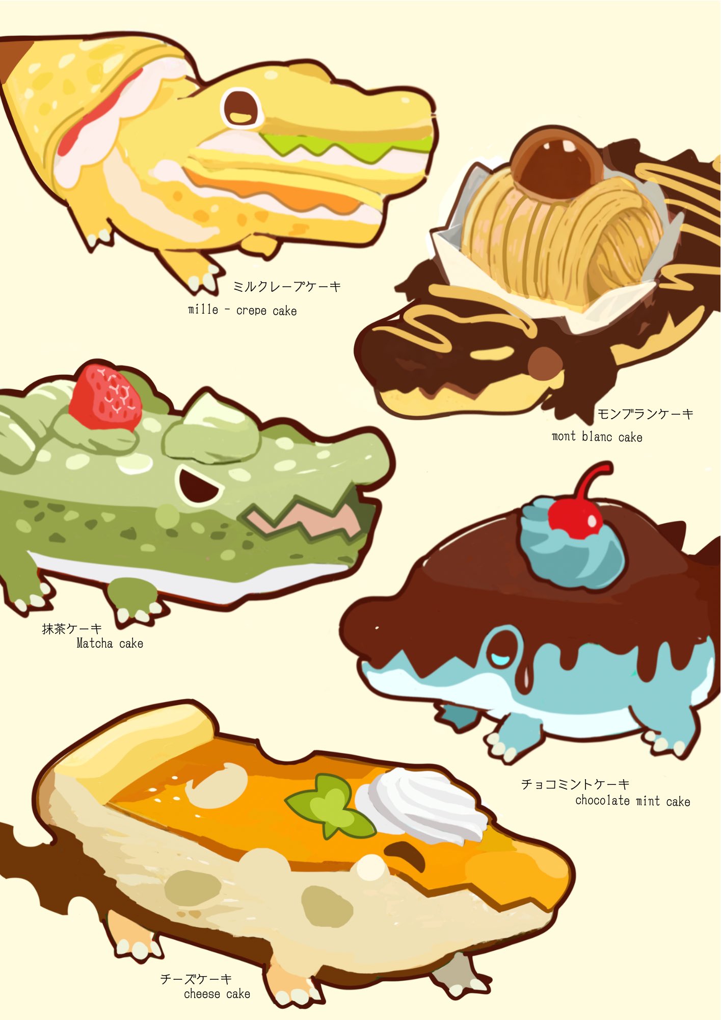animal-themed_food, animal_focus, cheesecake, cherry, closed_eyes, commentary, crocodile, crocodilian