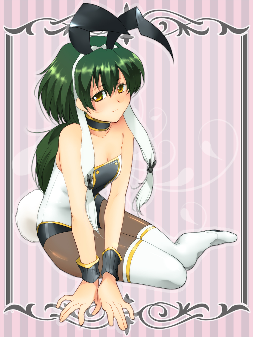 arm_support, bare_shoulders, bunny_ears, bunny_suit, bunny_tail, bunnysuit, choker, green_hair