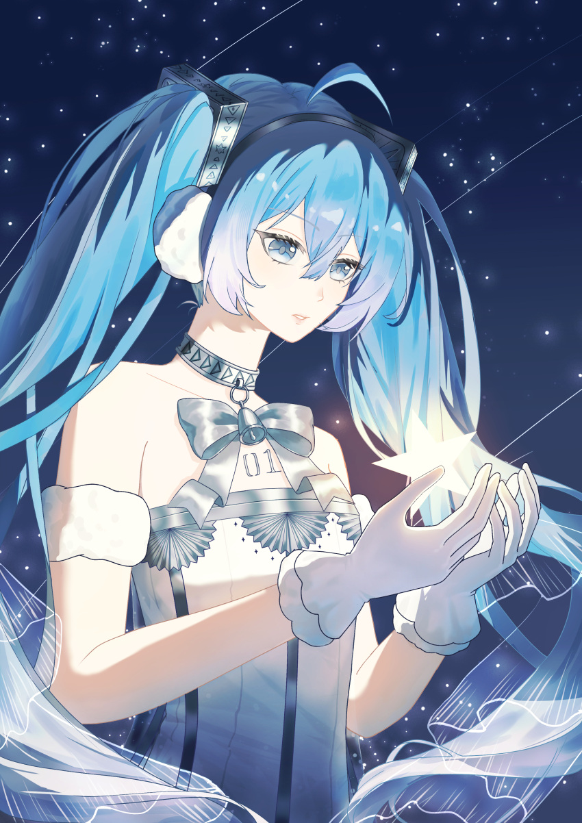 1girl, absurdres, ahoge, ballerina, bare_shoulders, bell, black_eyes, blue_hair, breasts, chest_tattoo, close-up, collarbone, commentary, dress, earmuffs, fengjingshenkafei, gloves, gramophone_miku, gramophone_miku_(frostflower), hair_between_eyes, hair_ornament, hatsune_miku, highres, long_hair, looking_at_viewer, miku_symphony_(vocaloid), neck_bell, number_tattoo, official_alternate_costume, parted_lips, small_breasts, solo, strapless, strapless_dress, tattoo, twintails, very_long_hair, vocaloid, white_dress, white_gloves