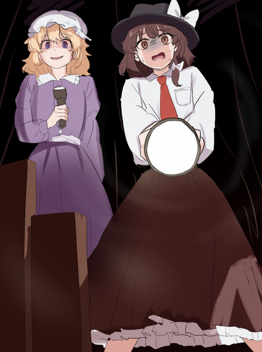 2girls, aya-daisuki218, blonde_hair, brown_eyes, brown_hair, brown_skirt, commentary, dress, flashlight, frills, hat, hat_ribbon, highres, holding, holding_flashlight, long_sleeves, looking_at_viewer, maribel_hearn, medium_hair, mob_cap, multiple_girls, necktie, parted_lips, purple_dress, red_necktie, ribbon, scared, shirt, skirt, smile, sweat, sweatdrop, touhou, usami_renko, violet_eyes, white_shirt