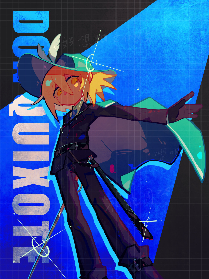 1girl, :3, absurdres, aqua_cape, aqua_hat, belt, black_belt, black_gloves