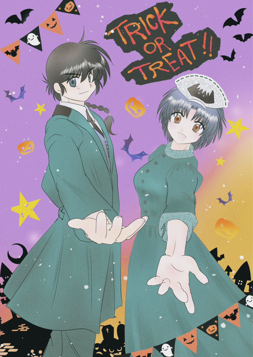 1boy, 1girl, :d, black_eyes, black_hair, black_necktie, blue_hair, braid