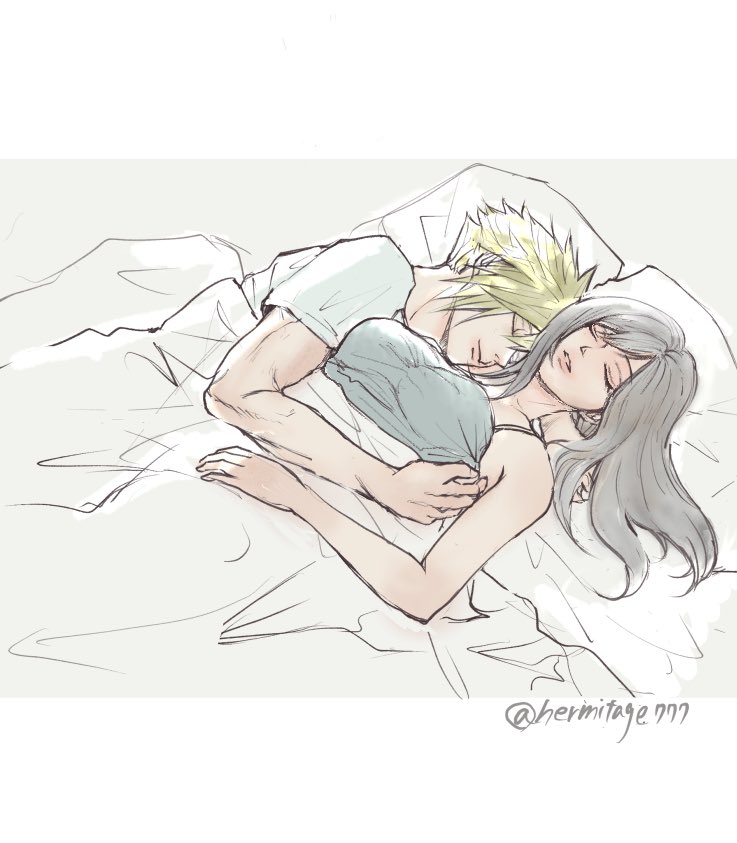1boy, 1girl, black_camisole, black_hair, blonde_hair, camisole, cloud_strife, couple, cuddling, final_fantasy, final_fantasy_vii, final_fantasy_vii:_advent_children, ha_lu77, hetero, long_hair, lying, on_back, on_side, parted_lips, pillow, shirt, short_hair, sleeping, spaghetti_strap, spiky_hair, tifa_lockhart, twitter_username, under_covers, white_shirt