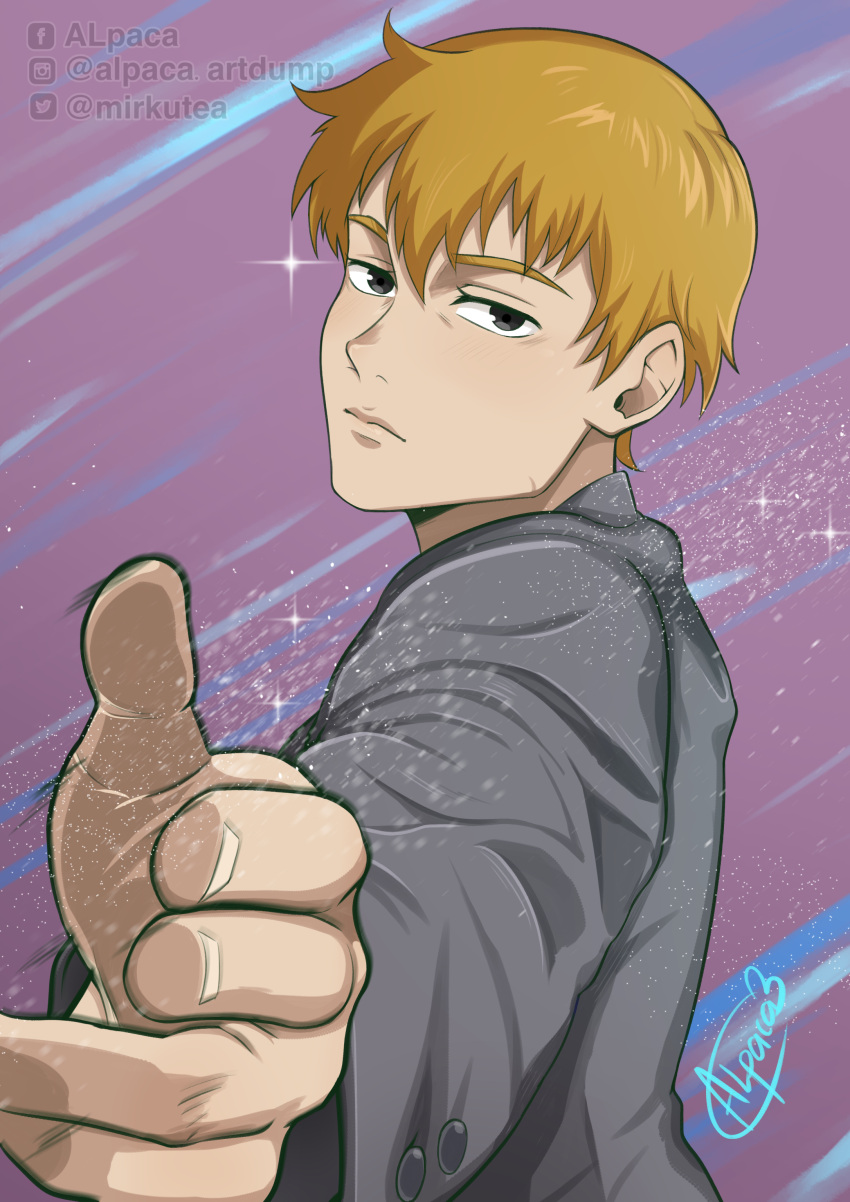 1boy, absurdres, artist_name, black_eyes, blonde_hair, closed_mouth, english_commentary, grey_suit, highres, male_focus, mirkutea, mob_psycho_100, purple_background, reaching, reaching_towards_viewer, reigen_arataka, signature, solo, suit