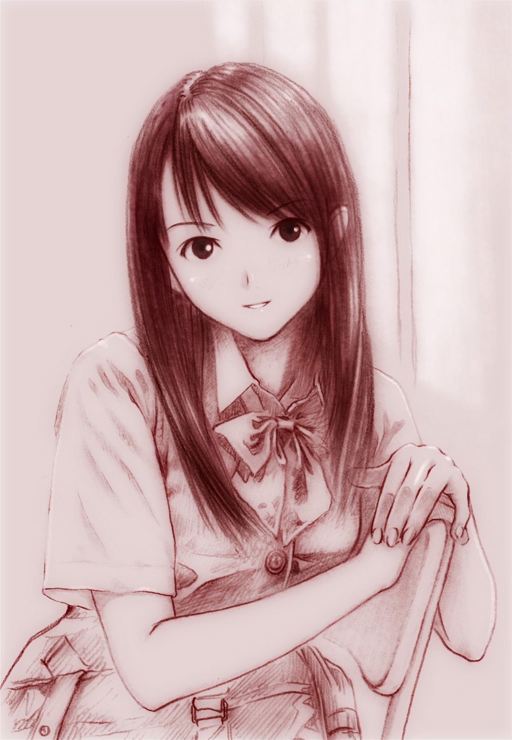 black_hair, chair, highres, kobayashi_yuji, kobayashi_yuuji, long_hair, looking_at_viewer, monochrome