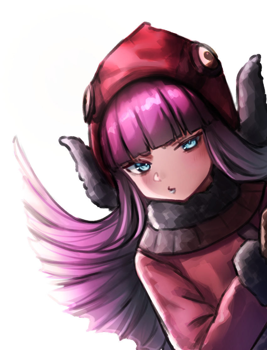1girl, absurdres, bird_girl, blue_eyes, blue_lips, blunt_bangs, blush, brown_mittens, coat, demon_(megami_tensei), english_commentary, fur_collar, gradient_hair, hair_wings, hat, highres, lilshigu, lips, megami_tensei, mittens, multicolored_hair, muu_shuwuu_(megami_tensei), o3o, peeking_out, purple_hair, red_coat, red_hat, simple_background, solo, white_background